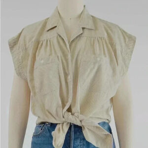 Vintage Linnay stripe boxy cap sleeve button down blouse pockets cream/white